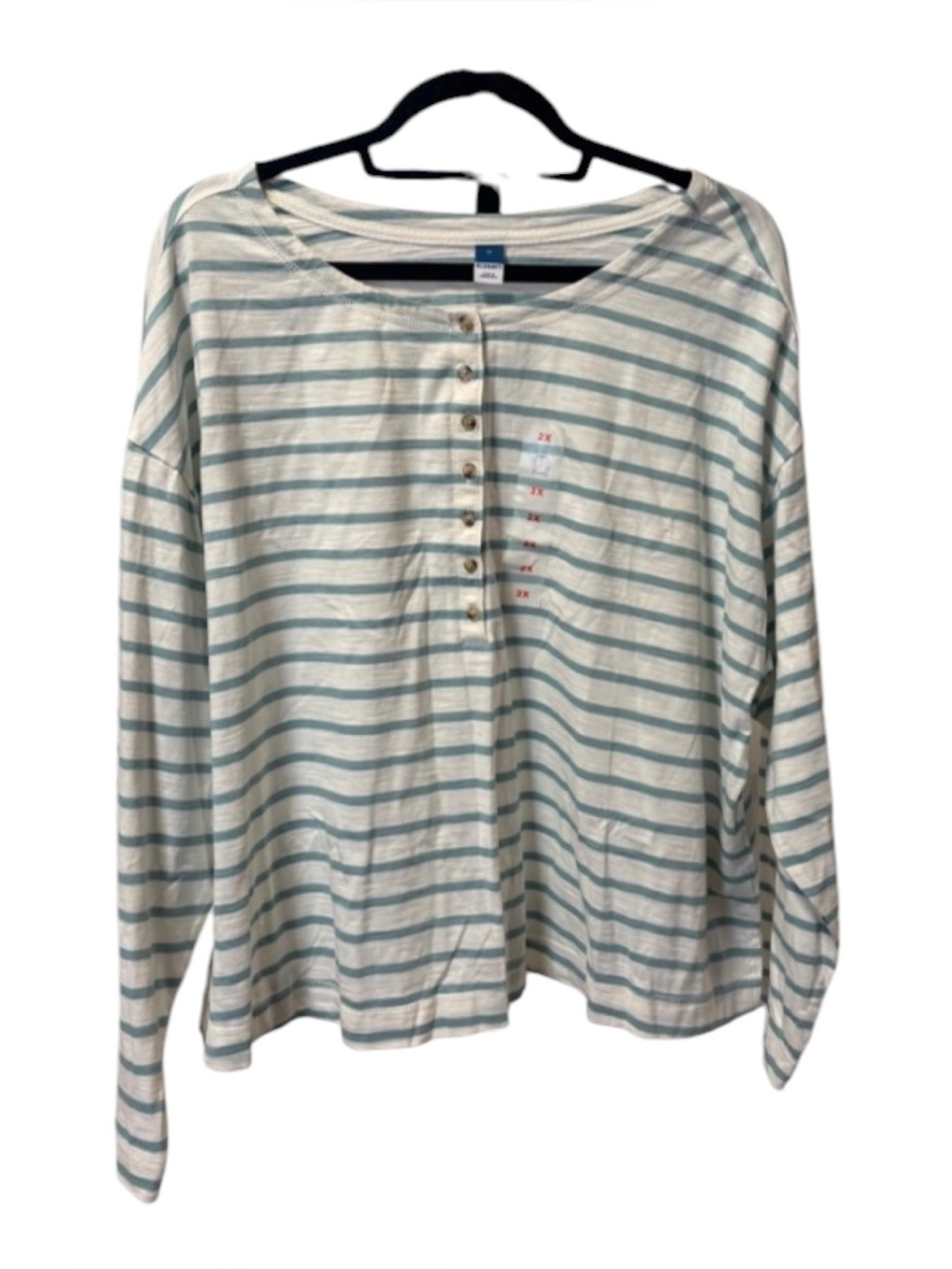 Old Navy Cream and Light Blue Striped Long-Sleeve Henley Top